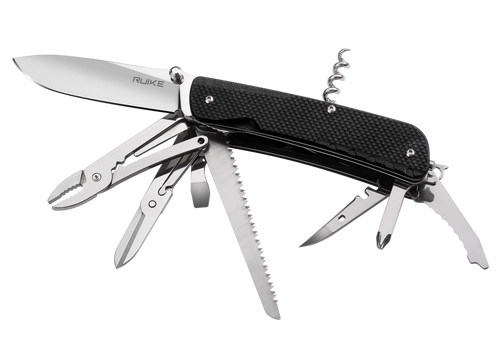 Ruike Knives Trekker LD51-B multitool - shown open presentation side.  23 tools.  Black G-10 handle.  Model LD51-B.