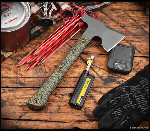 RMJ Tactical Jenny Wren Hammer Pole tomahawk - shown out of sheath obverse.  Tungsten Cerakote 80CRV2 steel plain edge head.  Dirty Olive G-10 handle.  Model T-JWH-TU-DO.