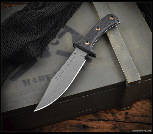 RMJ Tactical Jungle Combat fixed blade knife - shown out of sheath reverse.  Tungsten Cerakote Nitro-V stainless steel plain edge blade.  Black G-10 handle.  Model K-JC-NV-TU-BK.