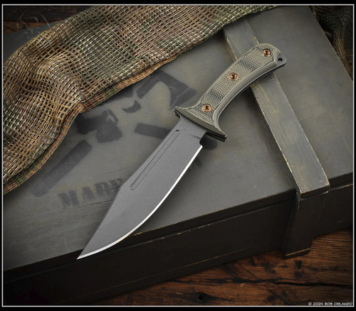 RMJ Tactical Jungle Combat fixed blade knife - shown out of sheath reverse.  Tungsten Cerakote Nitro-V stainless steel plain edge blade.  Dirty Olive G-10 handle.  Model K-JC-NV-TU-DO.