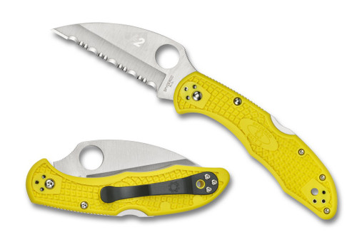 Spyderco Salt 2 Wharncliffe folding knife with thumb hole - shown open presentation side and closed pocket clip side.  Satin H-2 stainless steel serrated edge blade.  Yellow FRN handle. Model C88SWCYL2.