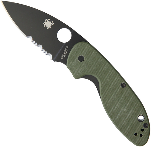 Spyderco Efficient Blue Ridge Knives Exclusive folding knife with thumb hole - shown open presentation side.  Black 8Cr13MoV stainless steel combo edge blade.  Green G-10 handle.  Model C216GPSGRBK.
For reference only.