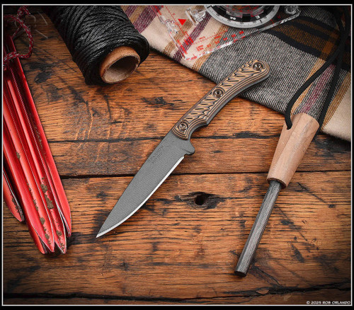 RMJ Tactical Sparrow fixed blade knife - shown out of sheath obverse.  Tungsten Cerakote Nitro-V stainless steel plain edge blade.  Hyena Brown G-10 handle.  Model K-SP-TU-HB