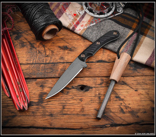 RMJ Tactical Sparrow fixed blade knife - shown out of sheath obverse.  Tungsten Cerakote Nitro-V stainless steel plain edge blade.  Black G-10 handle.  Model K-SP-TU-BL