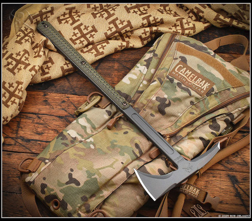 RMJ Tactical Eagle Talon tomahawk - shown out of sheath obverse.  Tungsten Cerakote 80CRV2 steel plain edge head.  Dirty Olive G-10 handle.  Model T-ET-TU-DO.