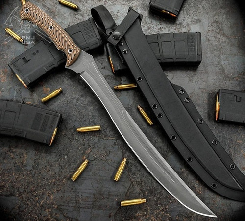 RMJ Tactical Wyvern fixed blade short sword - shown out of sheath obverse with sheath next to Wyvern.  Tungsten Cerakote 3V steel plain edge blade.  Hyena Brown G-10 handle. 