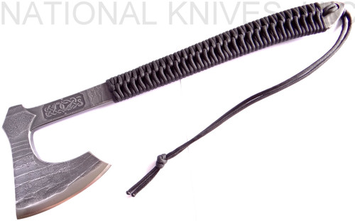 RMJ Tactical Custom Raven tomahawk - shown out of sheath reverse.  80CRV2 steel plain edge head.  Black cord-wrapped handle.
For reference only.