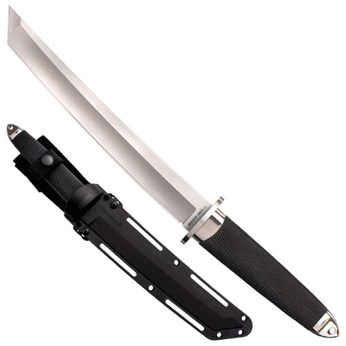 Cold Steel Magnum Tanto IX fixed blade knife - shown removed from sheath and in sheath - two views.  San Mai stainless steel plain edge blade.  Black Kray-Ex handle.  Model 35AD.
For reference only.
