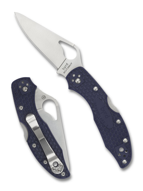 Byrd Knives Meadowlark 2 folding knife with thumb slot - shown both open presentation side and closed pocket clip side.  Satin 8Cr13MoV stainless steel plain edge blade.  Blue FRN handle.  Model BY04PBL2.