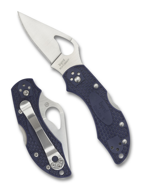Byrd Knives Robin 2 folding knife with thumb slot - shown both open presentation side and closed pocket clip side.  Satin 8Cr13MoV stainless steel plain edge blade.  Blue FRN handle.  Model BY10PBL2.
For reference only.