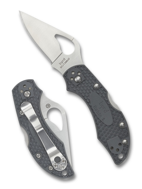 Byrd Knives Robin 2 folding knife with thumb slot - shown both open presentation side and closed pocket clip side.  Satin 8Cr13MoV stainless steel plain edge blade.  Gray FRN handle.  Model BY10PGY2.