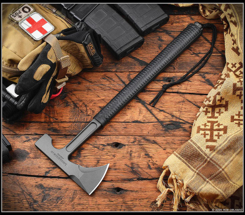 RMJ Tactical Loggerhead tomahawk - shown out of sheath reverse.  Tungsten Cerakote 80CRV2 plain edge head.  Black rubber handle.  Model T-L15-TU-BL.