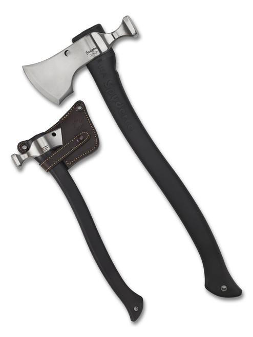 Spyderco Genzow Hatchet Hawk tomahawk - shown out of sheath reverse and in sheath obverse.  Satin 5160 steel plain edge head.  Black Polymer handle.  Model H02.
For reference only.
