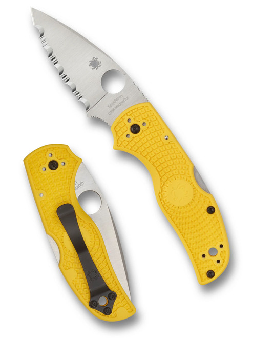 Spyderco Native 5 Salt folding knife with thumb hole - shown open presentation side and closed pocket clip side.  Satin MagnaCut stainless steel serrated edge blade.  Yellow FRN handle.  Model C41SYL5.