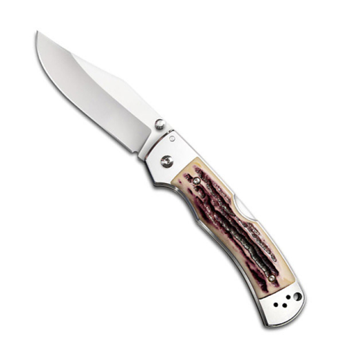 Cold Steel Mackinac Hunter folding knife  with thumb stud - shown open presentation side.  AUS-8A stainless steel plain edge blade.  Delrin Faux Stag Horn handle.  Model 54FBT.
For reference only.