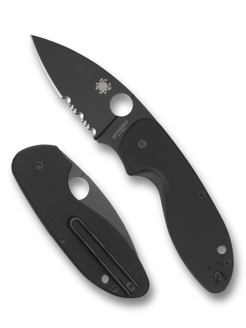 Spyderco Efficient folding knife with thumb hole - shown open presentation side and closed pocket clip side.  Black 8Cr13MoV stainless steel combo edge blade.  Black G-10 handle.  Model C216GPSBBK.
