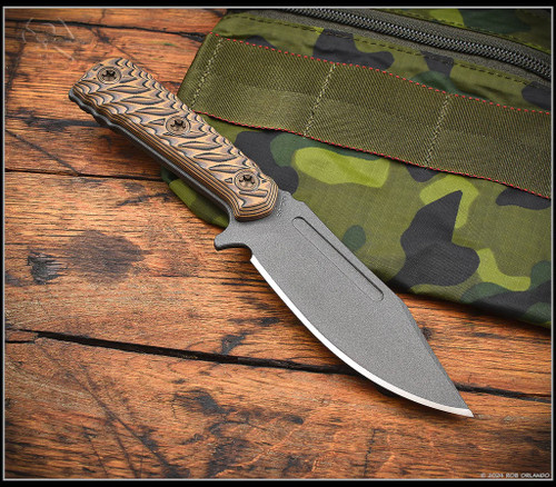 RMJ Tactical UCAP fixed blade knife - shown out of sheath obverse.  Tungsten Cerakote Nitro-V stainless steel plain edge blade.  Hyena Brown G-10 handle.