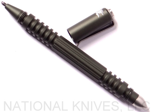 Rick Hinderer Knives Investigator ink pen - shown with cap off.  Matte forest green aluminum construction.  Model P58010A4FGA