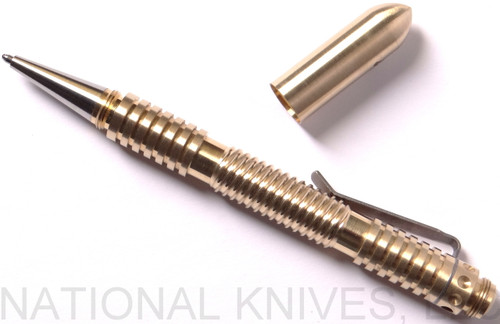 Rick Hinderer Knives Extreme Duty ink pen - shown with cap off.  Spiral brass construction.  Model P5802205TD.