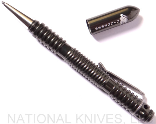 Rick Hinderer Knives Extreme Duty ink pen - shown with cap off.  Spiral polished OD green aluminum construction.  Model P58022A4OD.