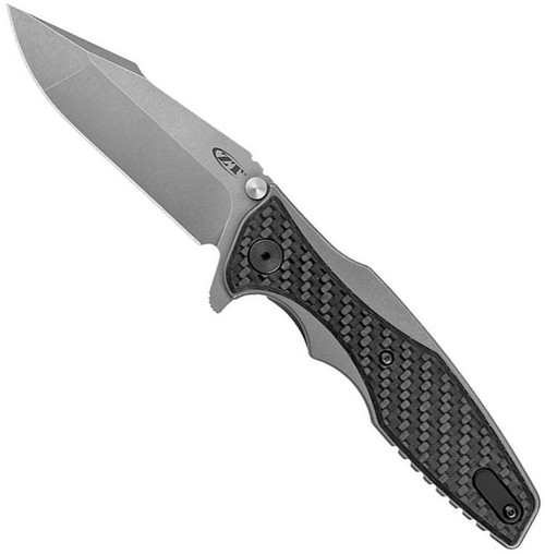 Zero Tolerance 0393GLCF folding knife with flipper tab - open - logo side.  Working Finish 3.5" 20CV stainless steel plain edge blade.  Black carbon fiber with glow in the dark weave handle scales.  Model 0393GLCF.