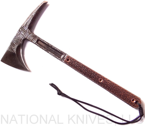 RMJ Tactical Custom Valhalla Kestrel Tomahawk with Triskelle pattern - shown out of sheath obverse.  80CRV2 steel plain edge head.  Brown Micarta handle scales.  
For reference only.