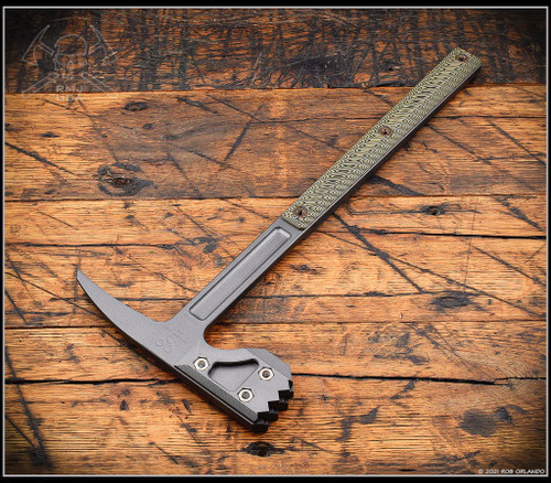 RMJ Tactical Snuggles 18" tactical hammer - shown reverse.  Tungsten Cerakote 80CRV2 steel head.  Dirty Olive G-10 handle.