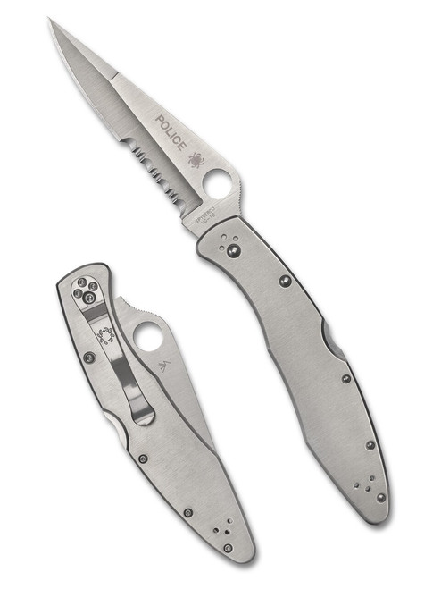 Spyderco Police folding knife with thumb hole - shown both open presentation side and closed pocket clip side.  Satin VG-10 stainless steel combo edge blade.  Stainless steel handle.  Model C07PS.