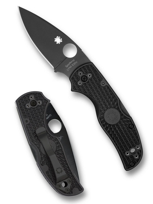Spyderco Native 5 folding knife with thumb hole - shown open presentation side and closed pocket clip side.  Black S30V stainless steel plain edge blade.  Black FRN handle.  Model C41PBBK5.