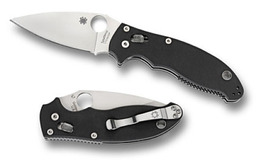 Spyderco Manix 2 Sprint Run folding knife with thumb hole - shown both open presentation side and closed pocket clip side.  CTS-BD30P stainless steel plain edge blade.  Black G-10 handle.  Model C101GPBD30P2.
For reference only.