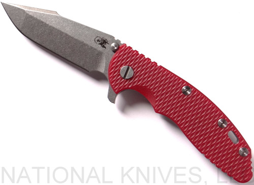 Rick Hinderer Knives XM-18 3.5" Harpoon Spanto folding knife with thumb stud and flipper tab - shown open presentation side.  Stonewash S35VN stainless steel plain edge blade.  Red G-10 handle with stonewash lock side.  Model K2552SGS00.