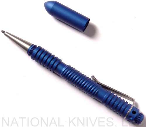 Rick Hinderer Knives Extreme Duty ink pen - shown with cap off.  Spiral matte blue aluminum construction.  Model P58022A4BLA.