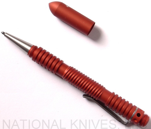 Rick Hinderer Knives Extreme Duty ink pen - shown with cap off.  Spiral matte burnt orange aluminum construction.  Model P58022A4ORA.