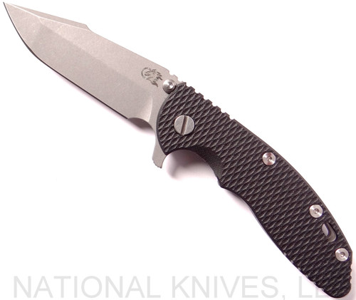 Rick Hinderer Knives XM-18 3.5" Harpoon Spanto folding knife with thumb stud and flipper tab - shown open presentation side.  Working Finish S35VN stainless steel plain edge blade.  Black G-10 handle with Working Finish lock side.  Model K2552SGW00.