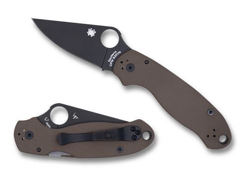 Spyderco Para 3 SSI/Moteng Exclusive folding knife with thumb hole - shown open presentation side and closed pocket clip side.  Black S35VN stainless steel plain edge blade. Brown G-10 handle.  Model C223GPBNBK.
For reference only.
