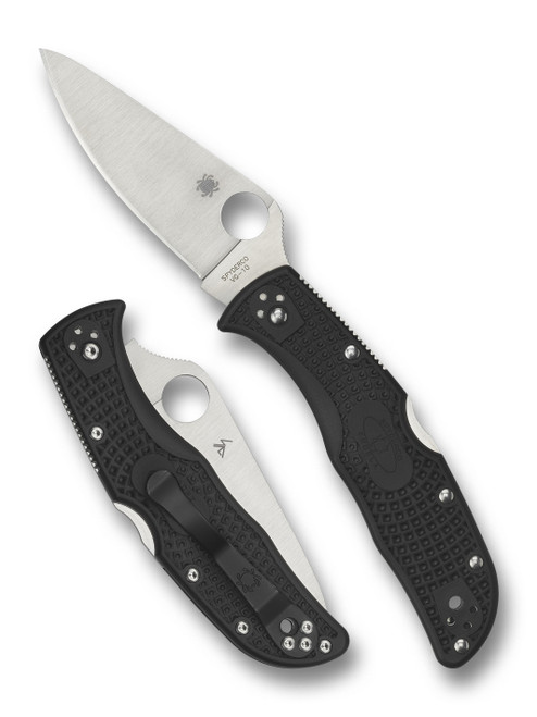 Spyderco Endela folding knife with thumb hole - shown open presentation side and closed pocket clip side.  Satin VG-10 stainless steel plain edge blade.  Black FRN handle.  Model C243PBK.