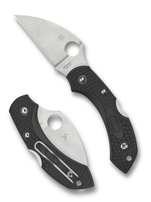 Spyderco Dragonfly 2 folding knife with thumb hole - shown open presentation side and closed pocket clip side.  Satin VG-10 stainless steel, wharncliffe, plain edge blade.  Black FRN handle.  Model C28FPWCBK2.