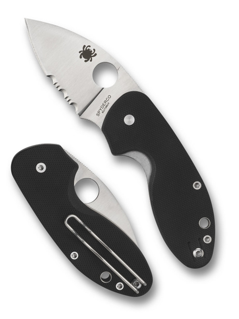 Spyderco Insistent folding knife with thumb hole - shown open presentation side and closed pocket clip side.  Satin 8Cr13MoV stainless steel combo edge blade.  Black G-10 handle.  Model C246GPS.