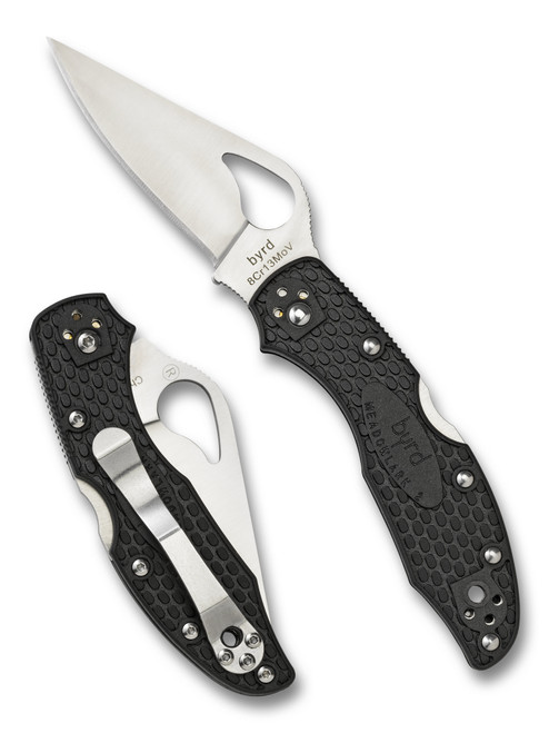 Byrd Knives Meadowlark 2 folding knife with thumb slot - shown both open presentation side and closed pocket clip side.  Satin 8Cr13MoV stainless steel plain edge blade.  Black FRN handle.  Model BY04PBK2.