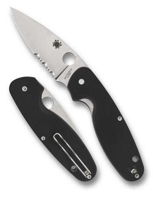 Spyderco Emphasis folding knife with thumb hole - shown open presentation side and closed pocket clip side.  Satin 8Cr13MoV stainless steel combo edge blade.  Black G-10 handle.  Model C245GPS.