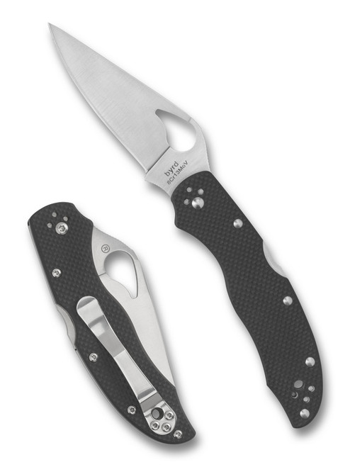 Byrd Harrier 2 folding knife with thumb slot - shown both open presentation side and closed pocket clip side.  Satin 8Cr13MoV stainless steel plain edge blade.  Black G-10 handle.  Model BY01GP2.