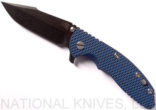 Rick Hinderer Knives XM-18 3.5" Harpoon Spanto folding knife with thumb stud and flipper tab - shown open presentation side.  Black stonewash S35VN stainless steel plain edge blade.  Blue - black G-10 handle with stonewash black lock side.  Model K2552SGD00.
