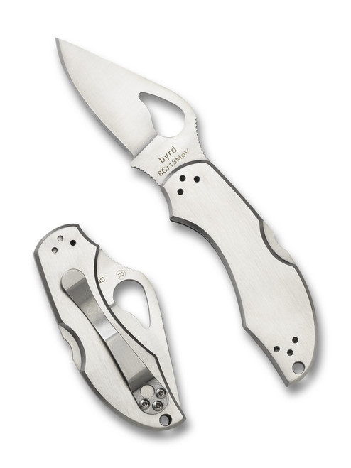 Byrd Knives Robin 2 folding knife with thumb slot - shown both open presentation side and closed pocket clip side.  Satin 8Cr13MoV stainless steel plain edge blade.  Stainless steel handle.  Model BY10P2.