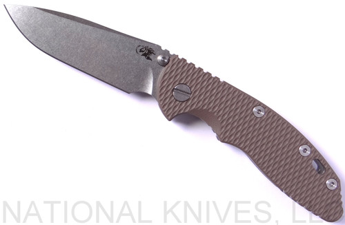 Rick Hinderer Knives Non Flipper XM-18 3.5" Spear Point folding knife with thumb stud - shown open presentation side.  Stonewash 20CV stainless steel plain edge blade.  FDE G-10 handle with stonewash lock side.  Model K20821SGS00.