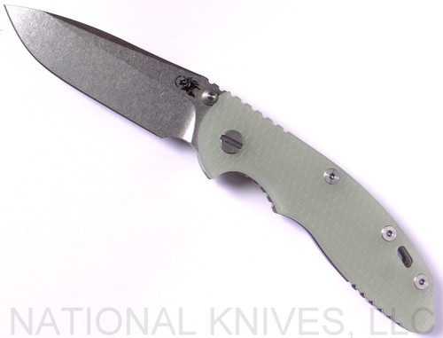 Rick Hinderer Knives Non Flipper XM-18 3.5" Spear Point folding knife with thumb stud - shown open presentation side.  Stonewash 20CV stainless steel plain edge blade.  Translucent Green G-10 handle with stonewash lock side.  Model K20821SGS00.