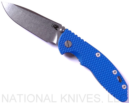 Rick Hinderer Knives Non Flipper XM-18 3.5" Spear Point folding knife with thumb stud - shown open presentation side.  Stonewash 20CV stainless steel plain edge blade.  Blue G-10 handle with stonewash lock side.  Model K20821SGS00.