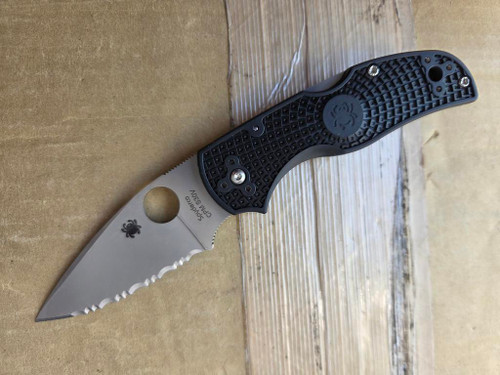 Blemished Native 5 folding knife with thumb hole - shown open presentation side.  Satin S30V stainless steel serrated edge blade.  Black FRN handle.  Model C41SBK5.