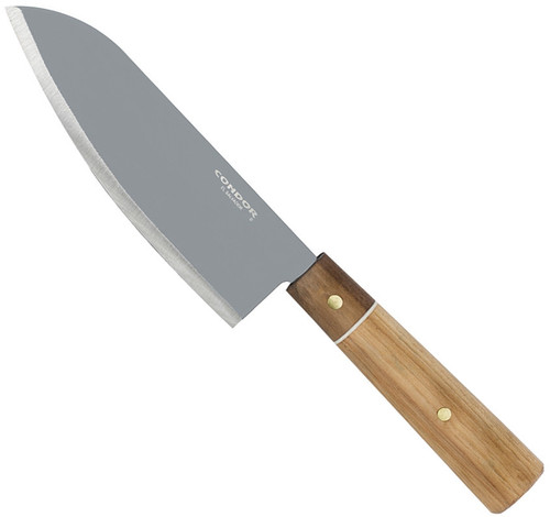 Condor Tool and Knife Kondoru Santoku kitchen knife - shown out of sheath reverse.  1095 HC steel plain edge blade.  Wood handle.  Model CTK5000-6.5.