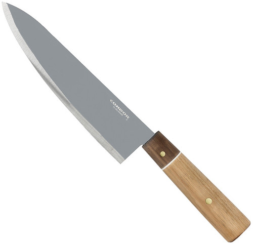 Condor Tool and Knife Kondoru Gyuto kitchen knife - shown out of sheath reverse.  1095 HC steel plain edge blade.  Wood handle.  Model CTK5002-7.8.
