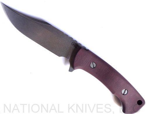 Rick Hinderer Knives The Ranch Bowie fixed blade knife - shown out of sheath reverse.  Stonewash 3V steel plain edge blade.  Burgundy Micarta handle.  Model K605RS000. 